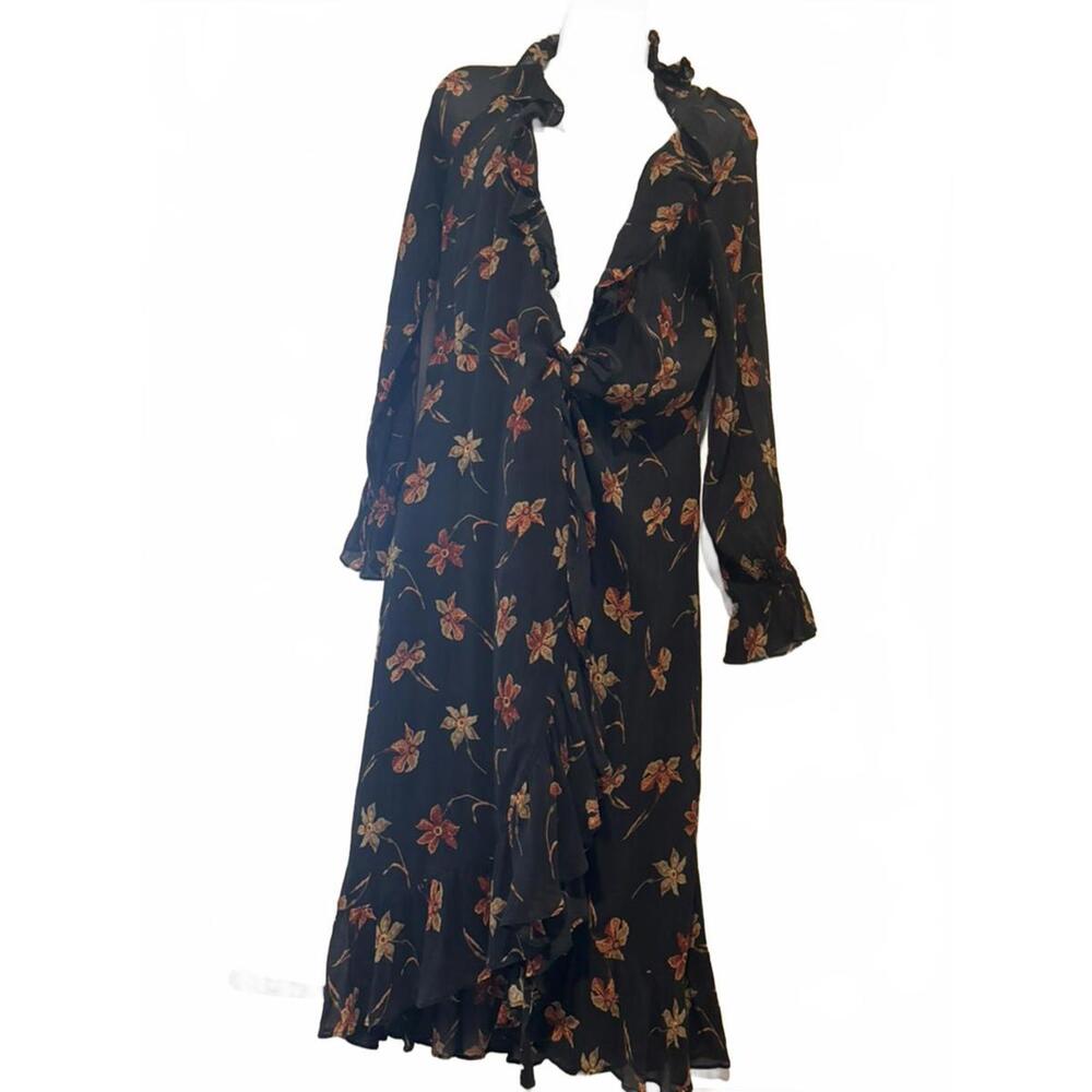 Paige sz S black floral wrap dress V neck boho #3254
